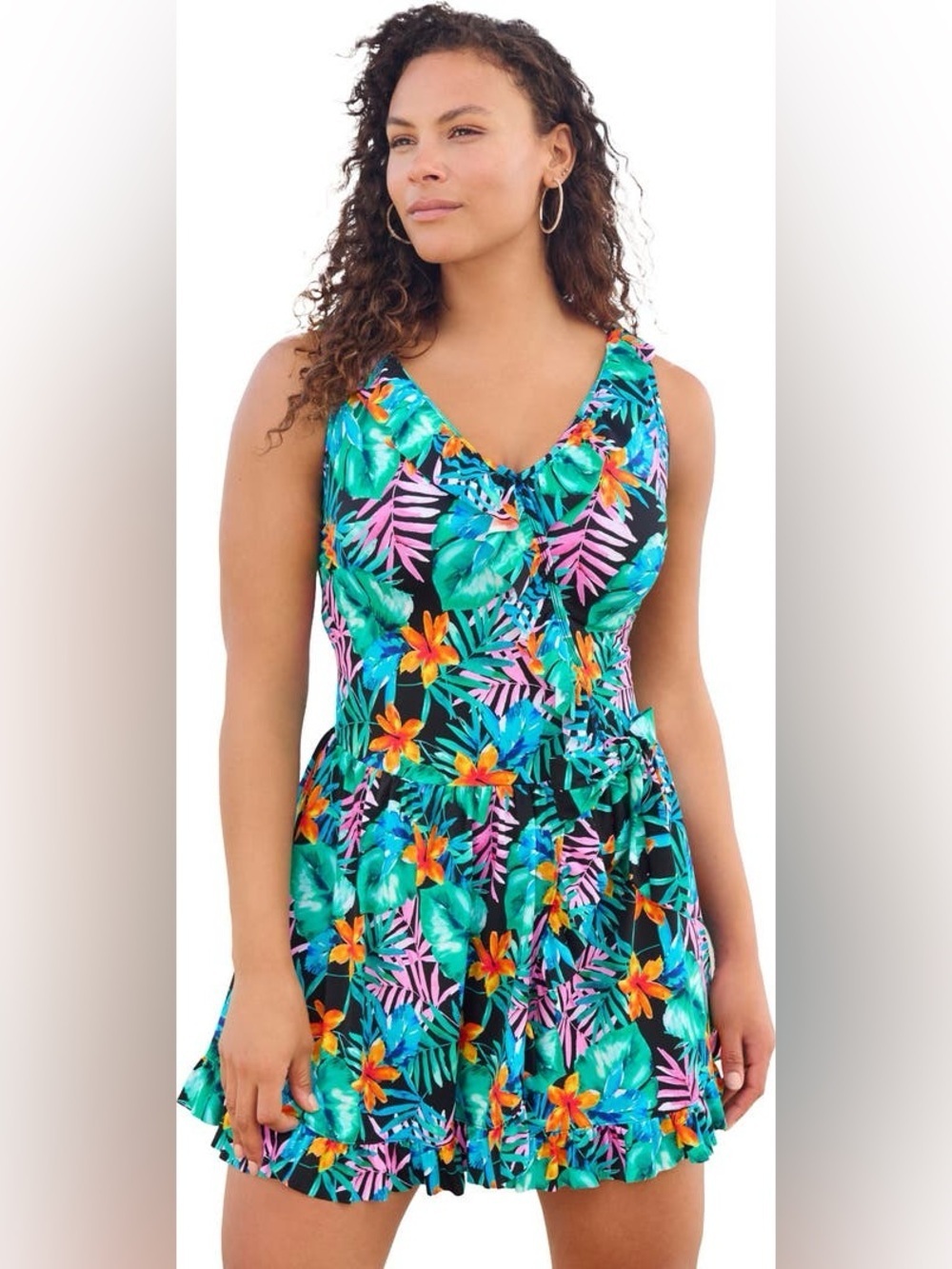 Swimsuits For All Swim 365 Black Tropical Faux-Wrap Swim Dress - Size 34